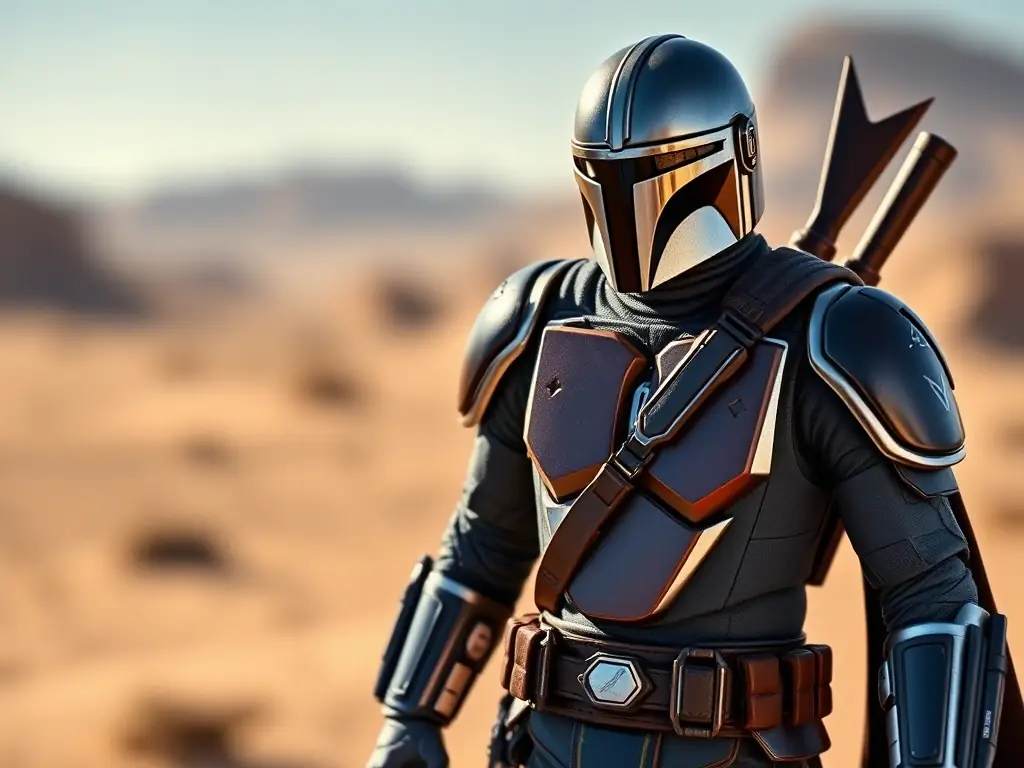 A high-resolution image of 'The Mandalorian' action figure, highlighting its intricate armor and accessories, with a blurred background of a desert landscape.