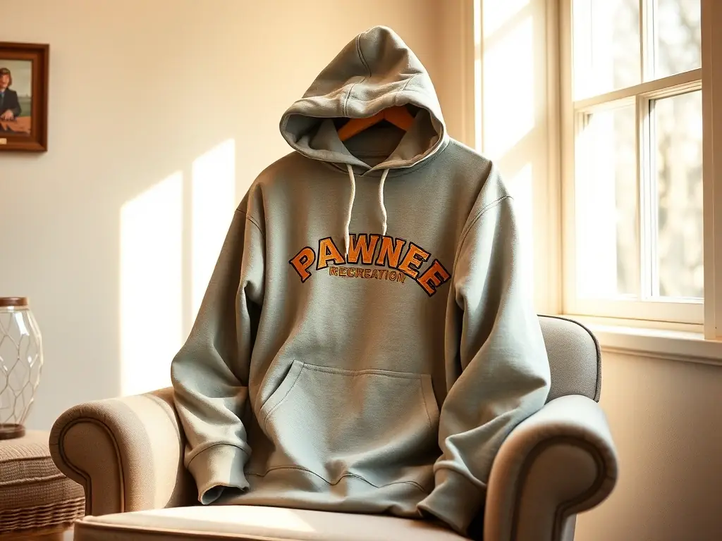 A stylish shot of a 'Parks and Recreation' hoodie, featuring the Pawnee logo and a comfortable fit, displayed in a cozy, inviting setting.