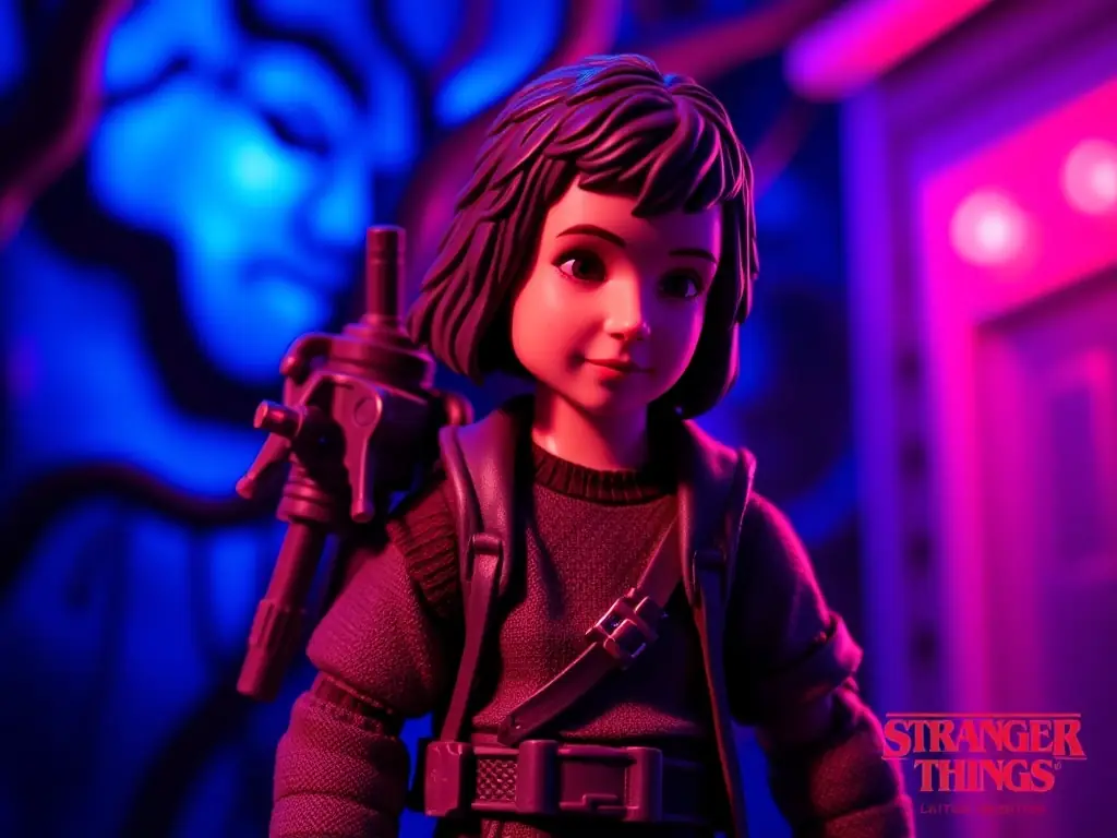 A close-up shot of a limited edition 'Stranger Things' action figure, showcasing its detailed design and accessories, set against a backdrop of the Upside Down.